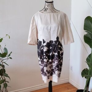 Vintage Hand Made Elegant Off White and Black Floral Dress, 50s Look. Size Large